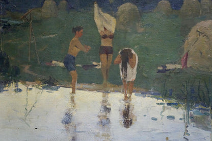 Oil painting of woman in dark bikini holding towel in river water