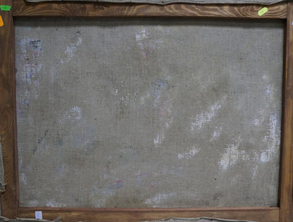 Back of wooden-framed oil painting By the River by unknown artist with gray textured canvas wear