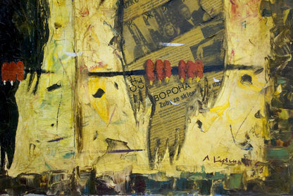 Oil painting Two Ravens by Kuzenny Leonid Anatolievich, abstract yellow black with red