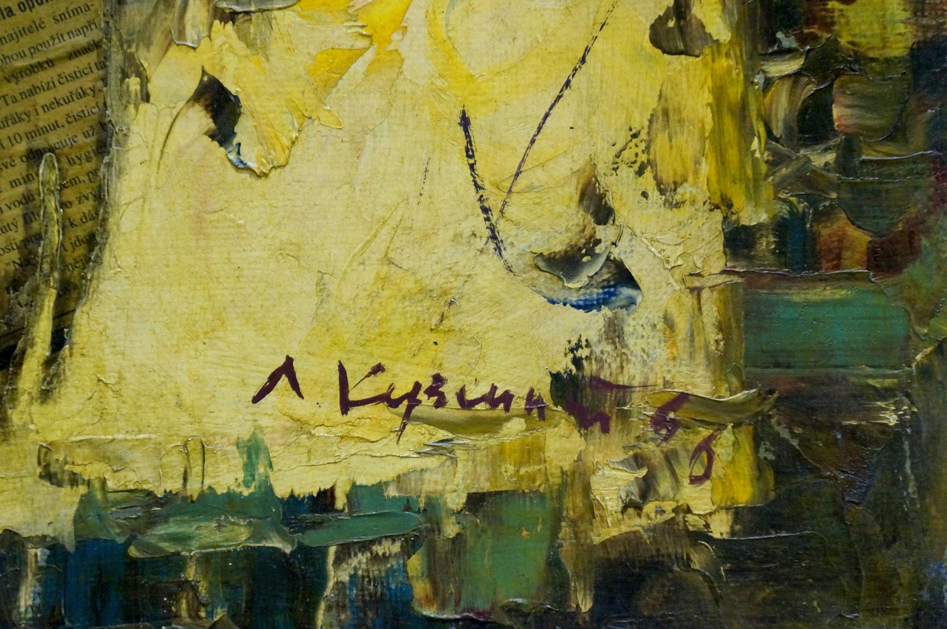 Back of oil painting Two Ravens by Kuzenny Leonid Anatolievich: yellow green textured paint purple signature