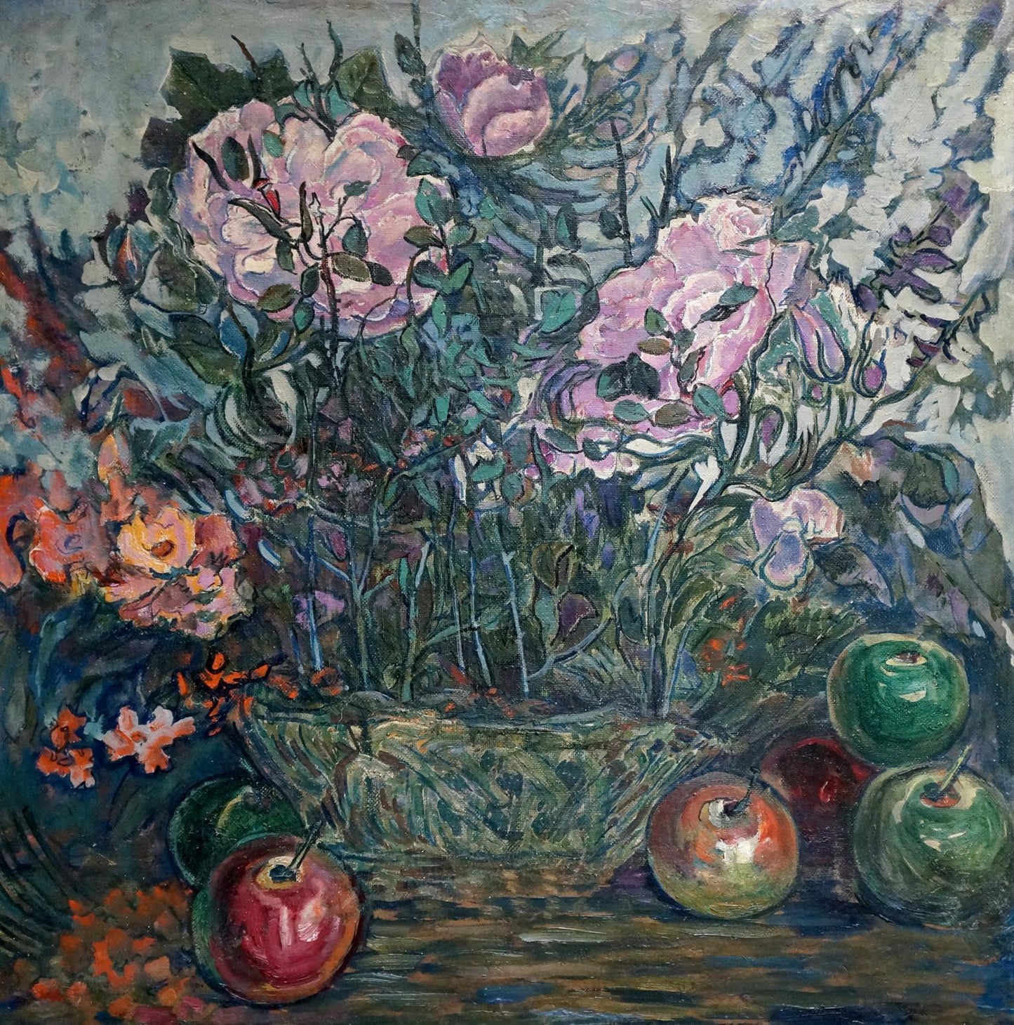 Oil painting By the Gardens: pink white roses in green vase with apples