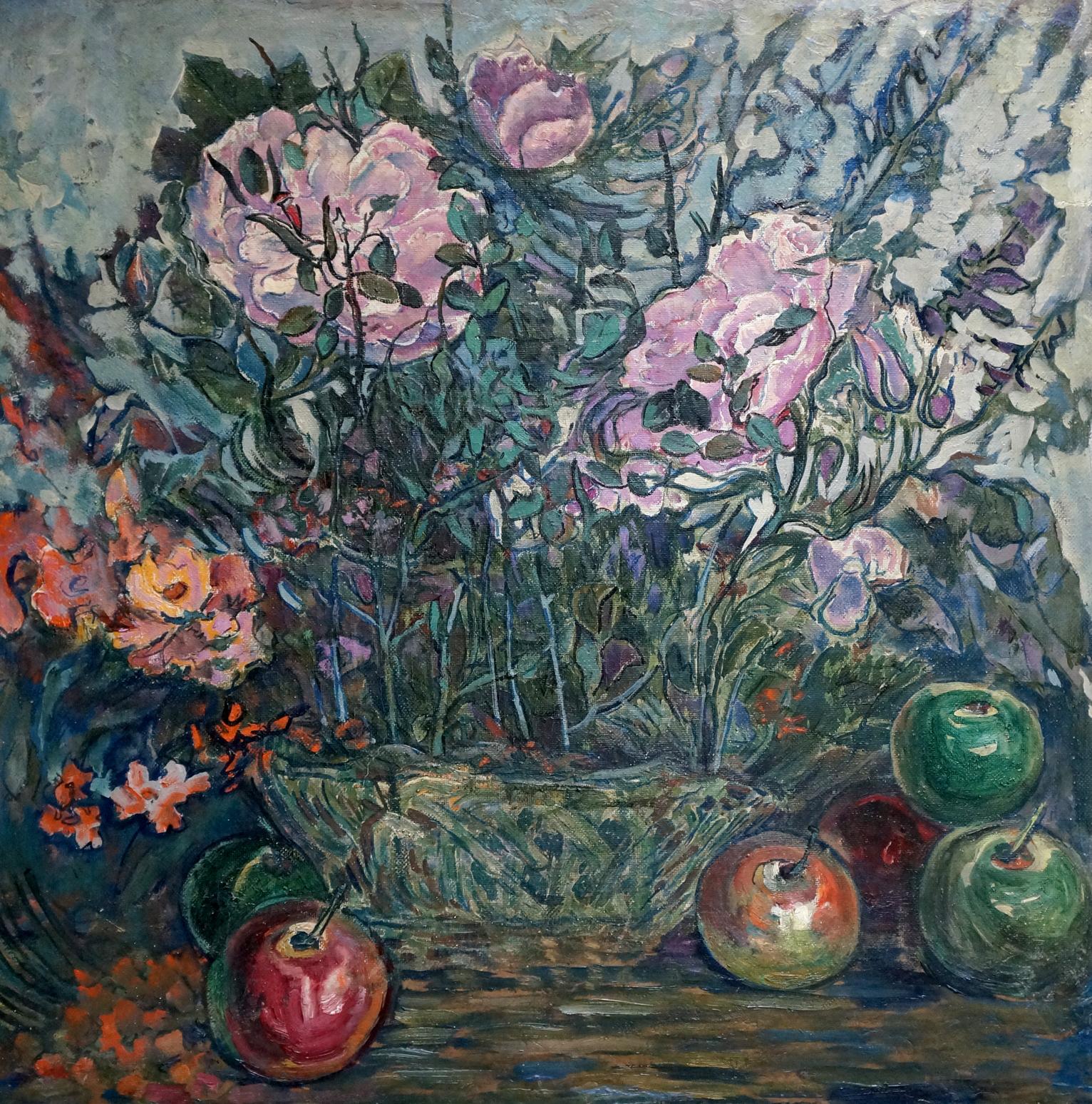 Oil painting By the Gardens: pink white roses in green vase with apples