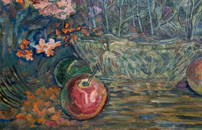 Vibrant red apple in impressionistic Oil painting By the gardens still life