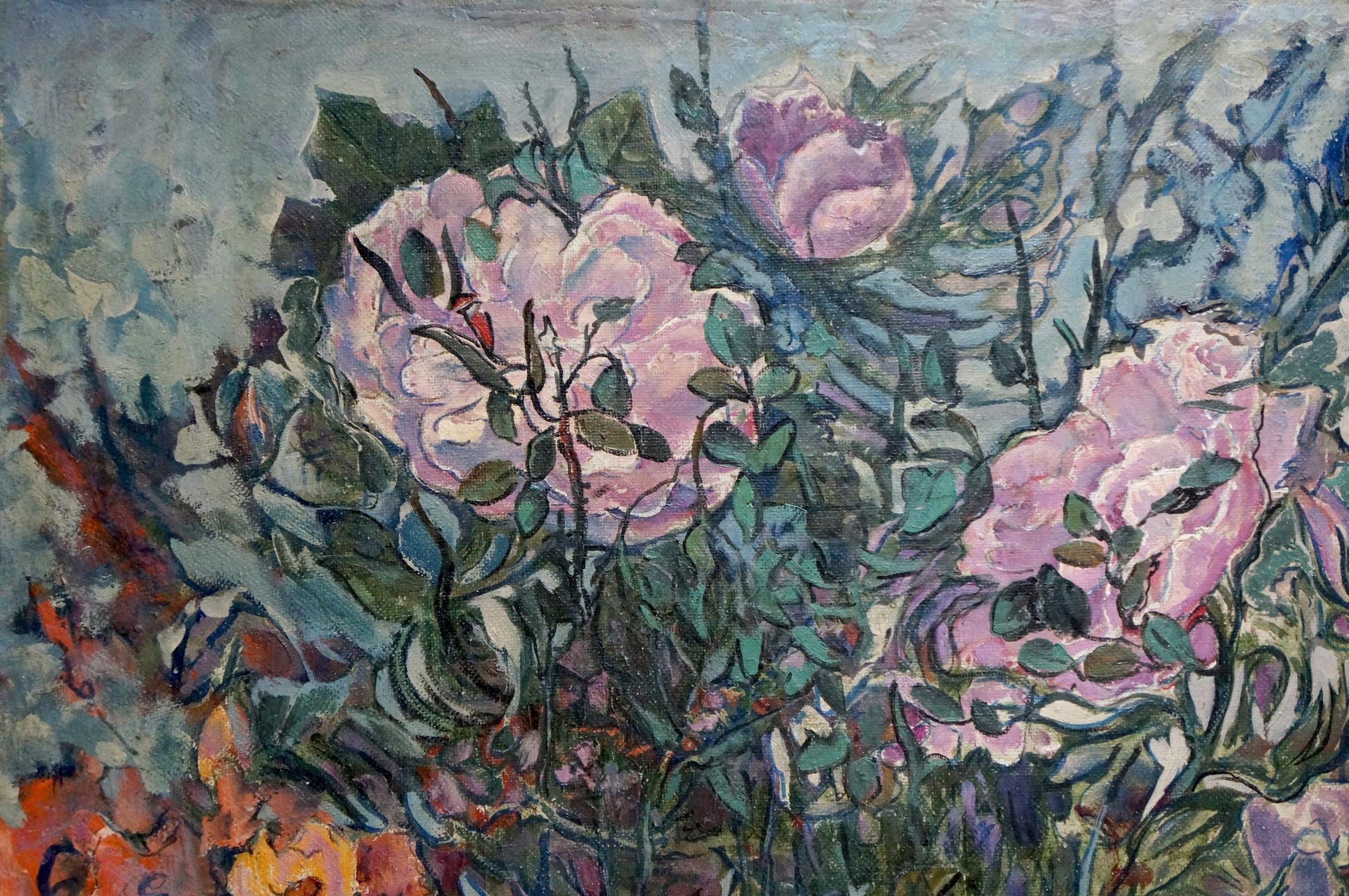 Vibrant impressionist oil painting By the Gardens with pink roses and foliage