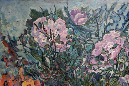 Vibrant impressionist oil painting By the Gardens with pink roses and foliage