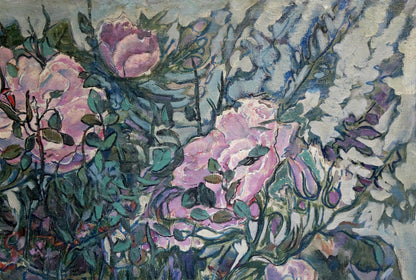 Vibrant impressionist oil painting By the Gardens with pink roses and foliage