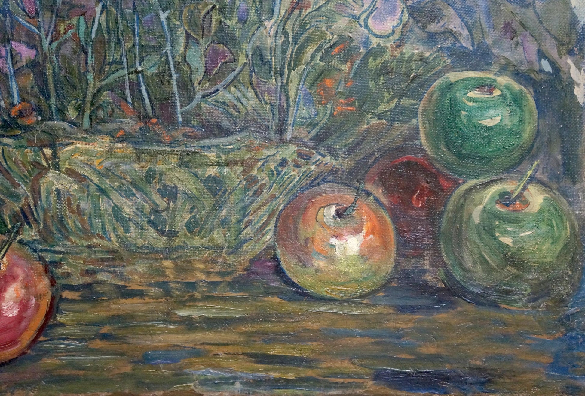 Oil painting By the Gardens: green and red apples with brushstrokes on canvas