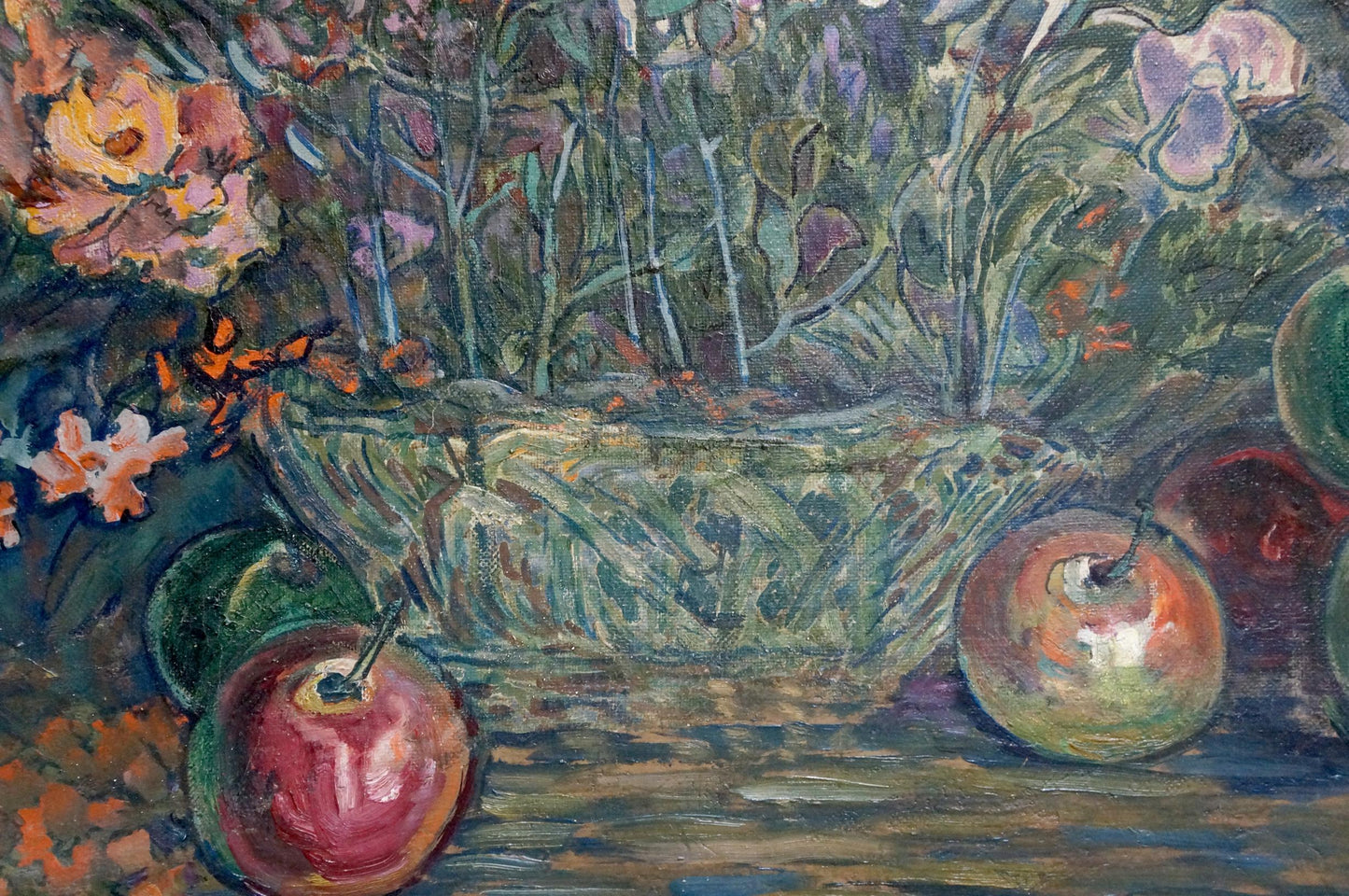 Oil painting By the Gardens: impressionistic basket of flowers amid apples
