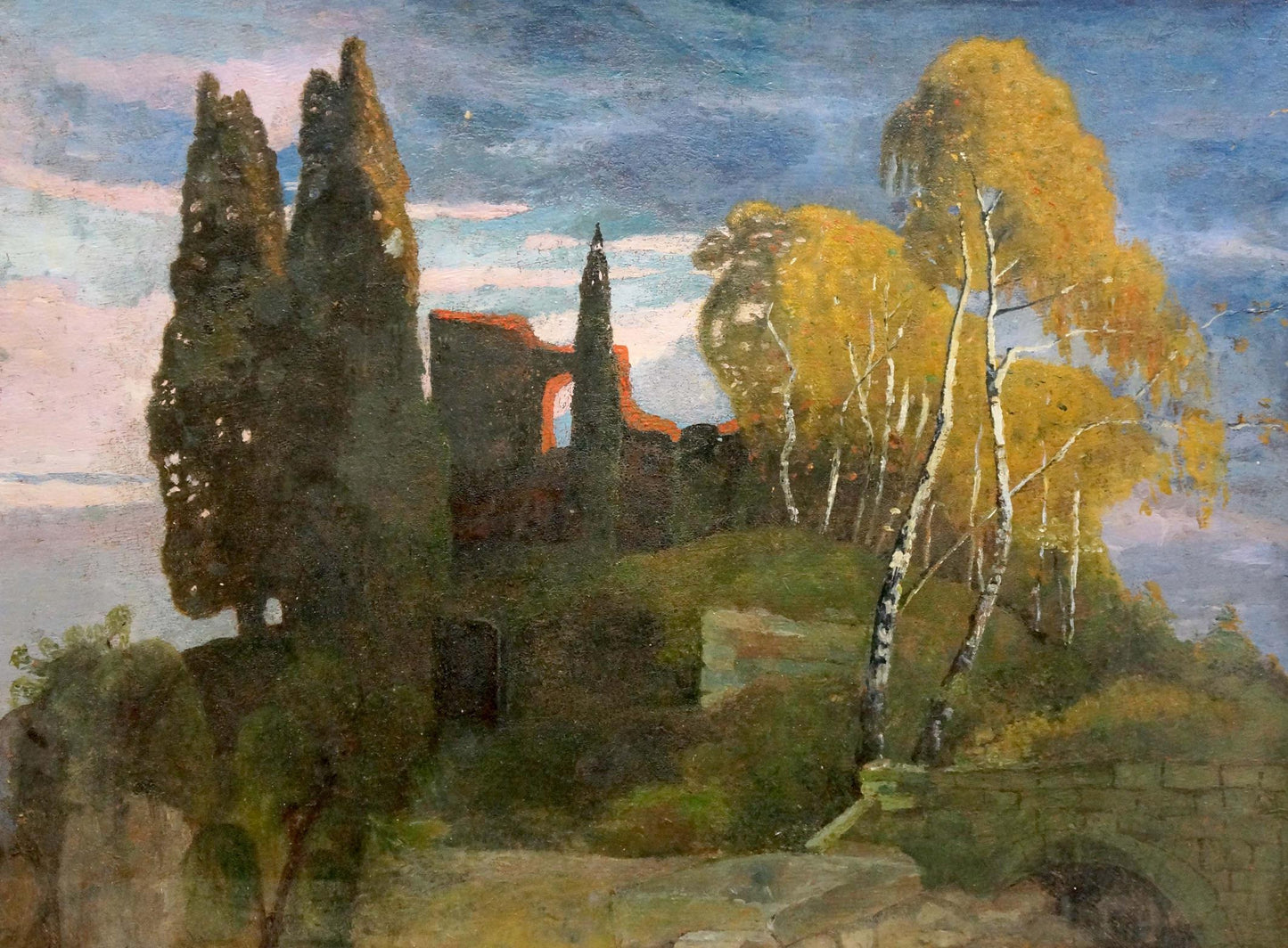 Oil painting of landscape with palace, cypress trees, birch, stone ruins