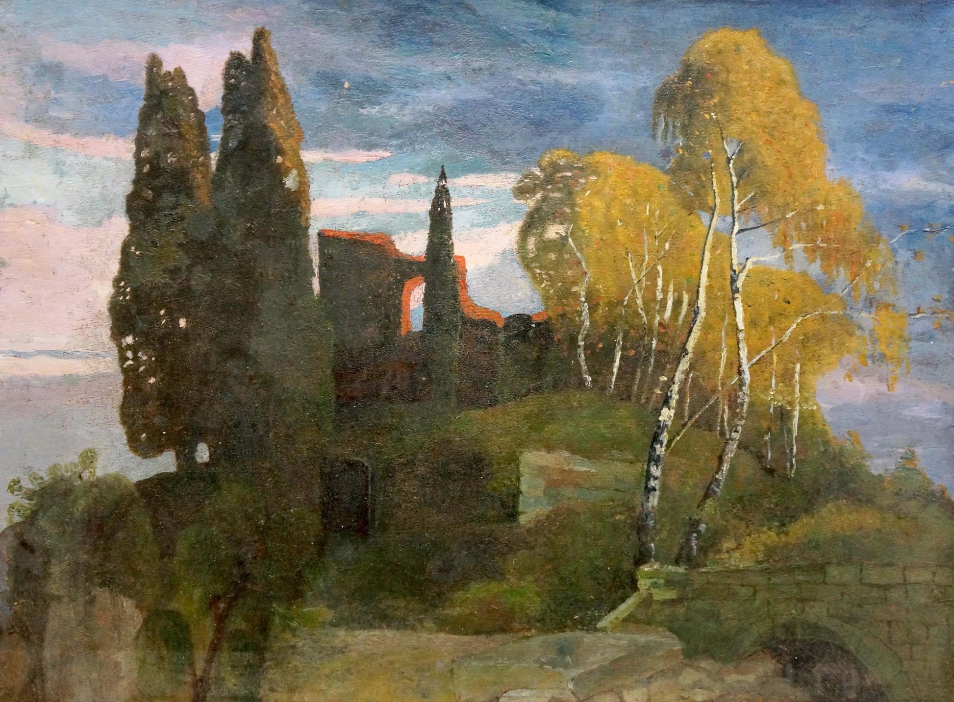 Oil painting of landscape with palace, cypress trees, birch, stone ruins