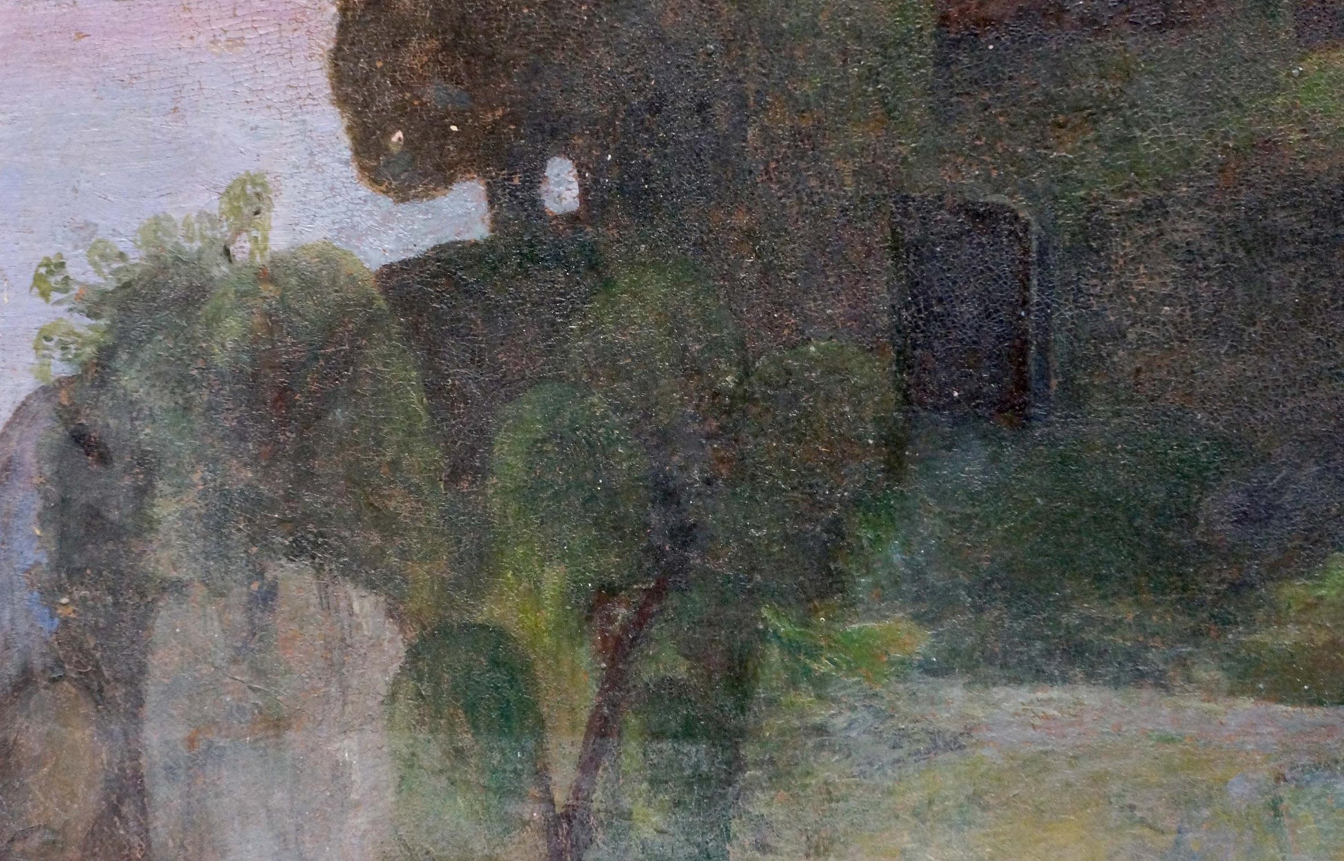 Oil painting of textured rustic stone palace in lush green landscape