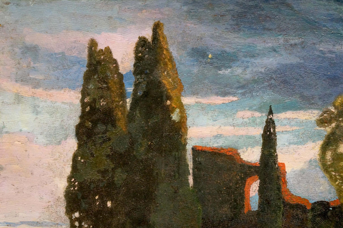 Impressionistic oil painting of tall cypress trees and palace landscape