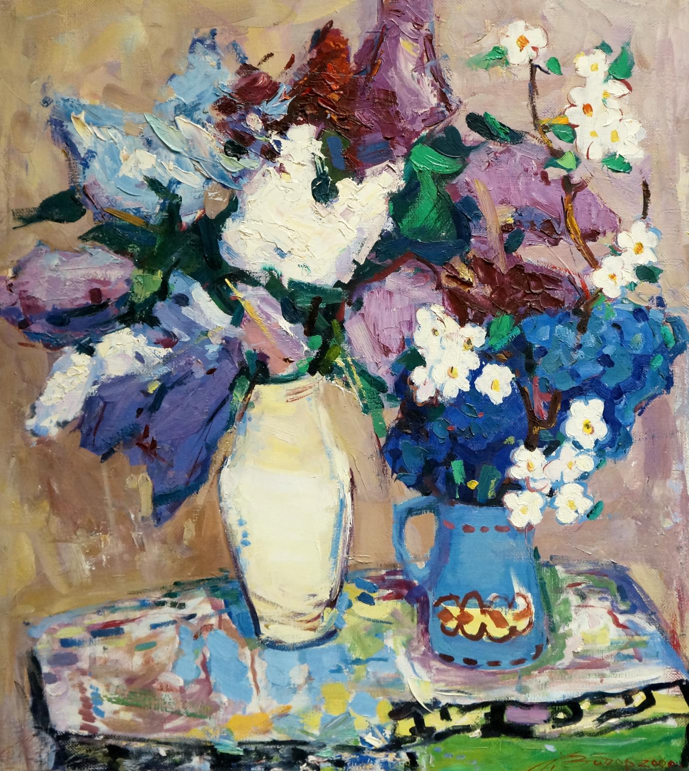 Oil painting Flowers Leonid Zaborovsky: cream vase, blue pitcher with flowers