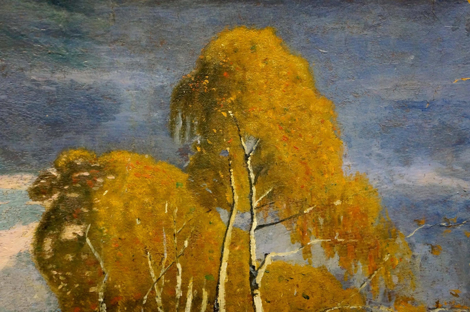 Oil painting of birch trees and palace in moody blue sky