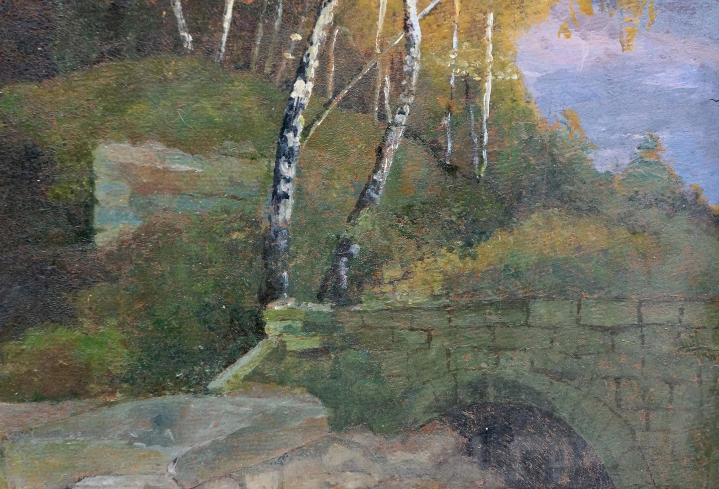 Oil painting of rustic stone arch bridge in landscape with palace