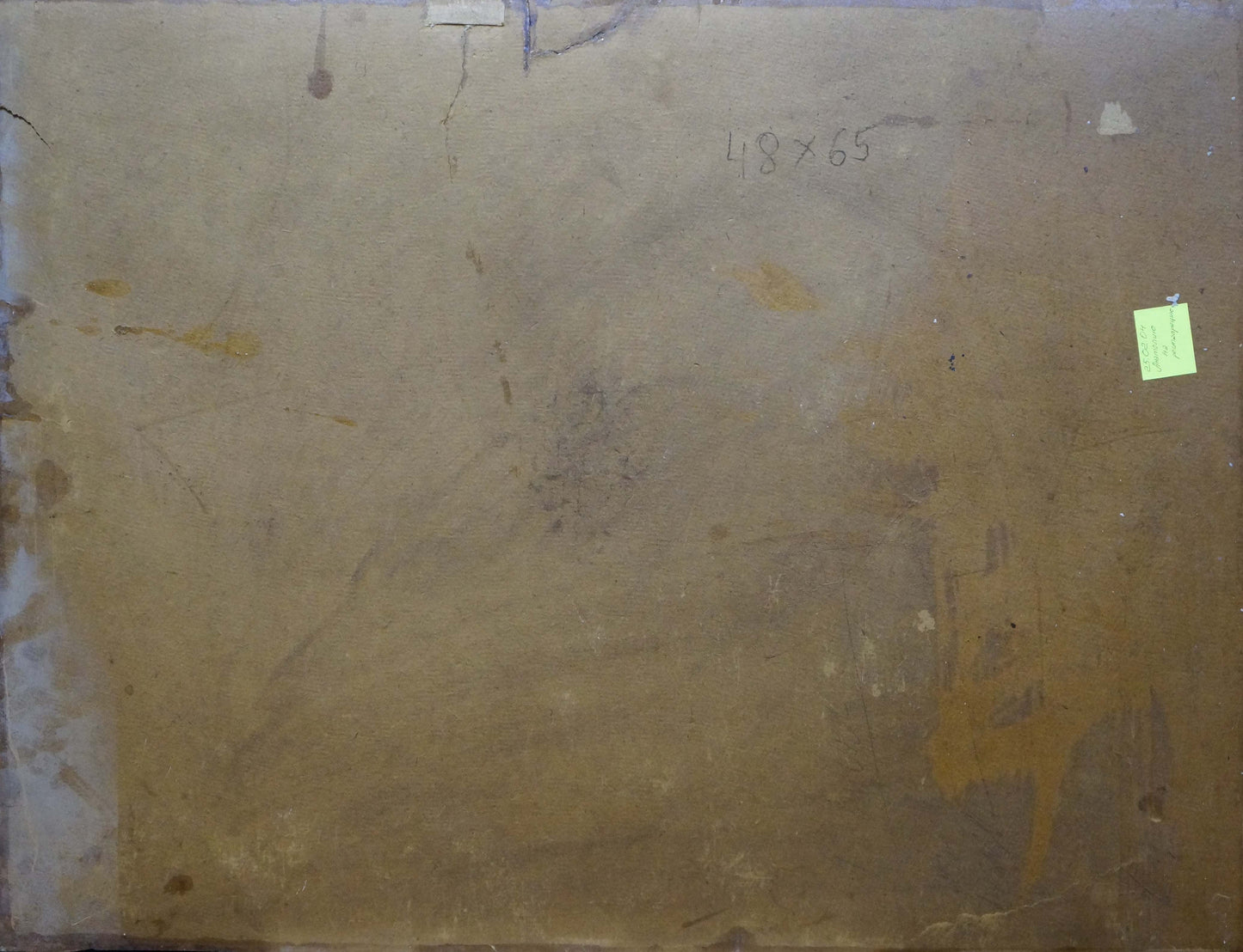 Back of Oil painting Landscape with a palace: weathered brown canvas, faded yellow paint, green note