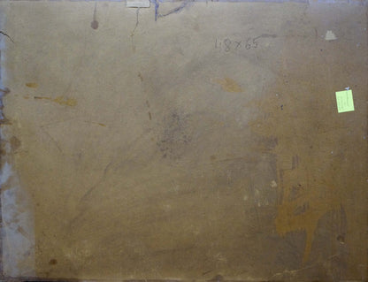 Back of Oil painting Landscape with a palace: weathered brown canvas, faded yellow paint, green note