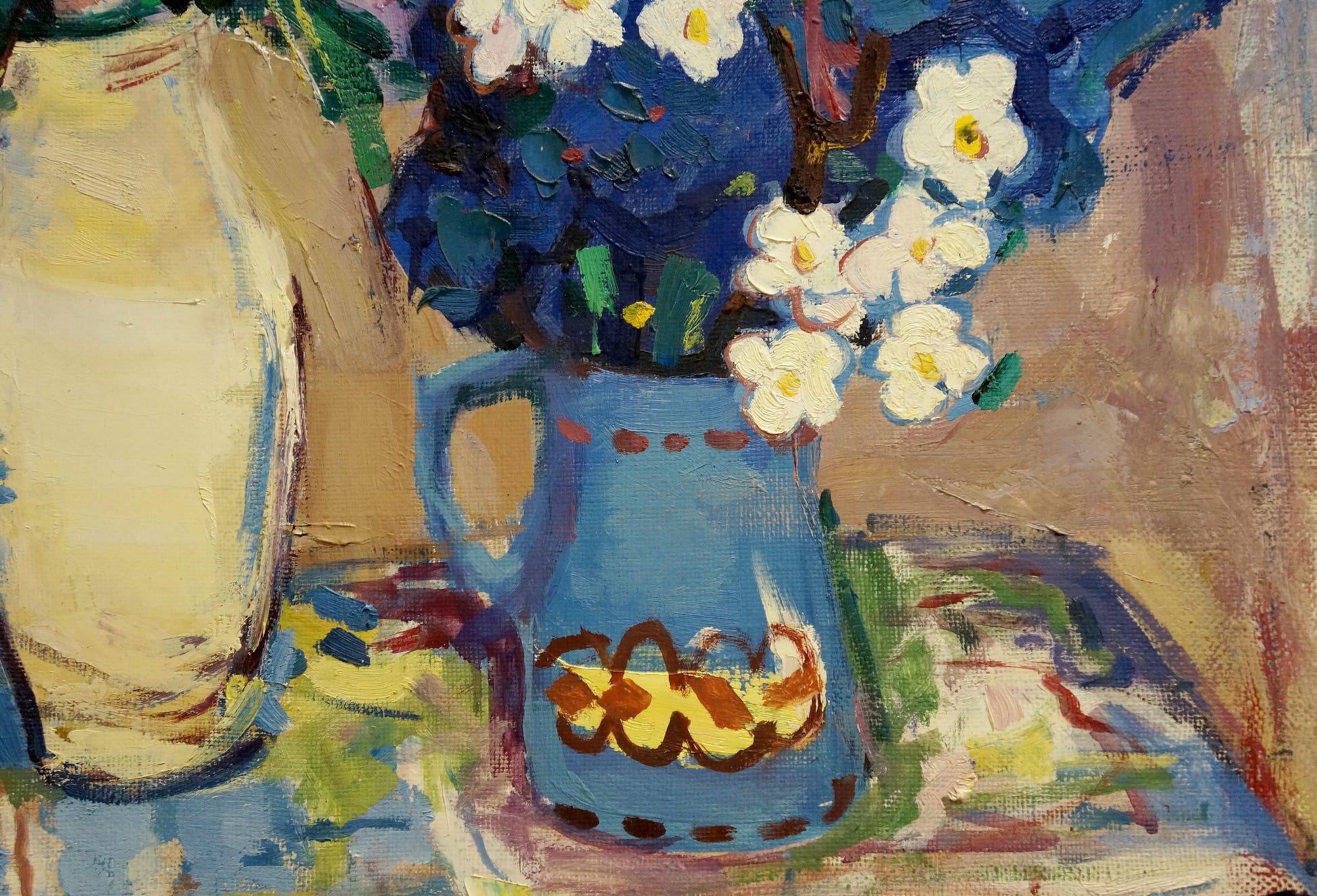 Blue ceramic pitcher with white flowers in Leonid Zaborovsky oil painting