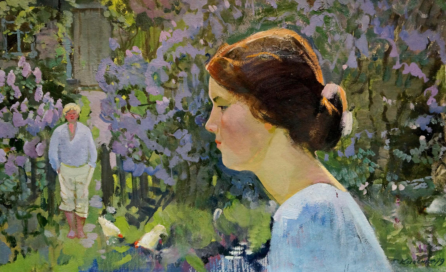 Oil painting When the lilac blooms by Kolesnik Boris Afanasevich with woman in blue dress