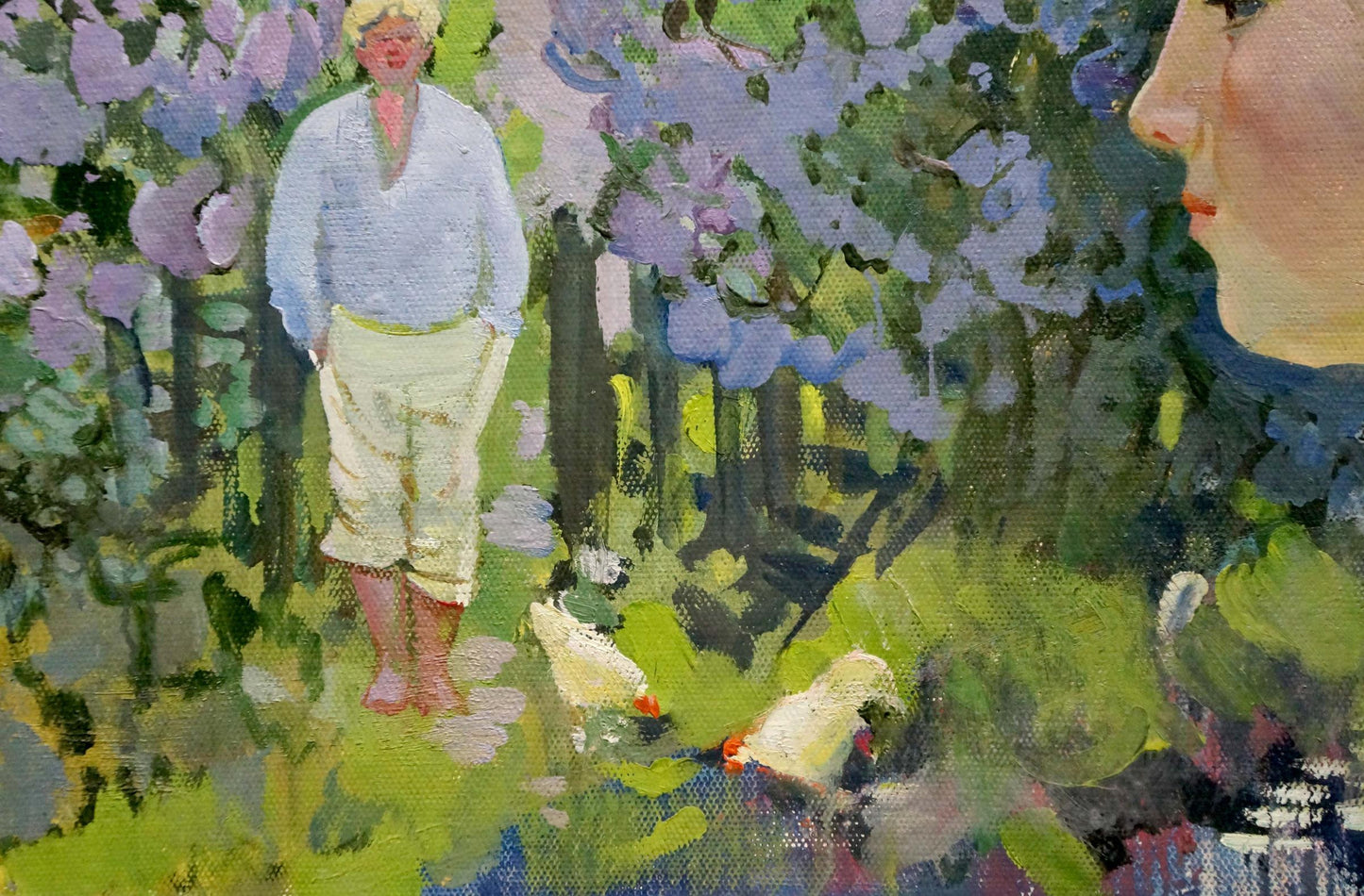 Oil painting When the Lilacs Bloom by Kolesnik Boris Afanasevich, woman in blue dress