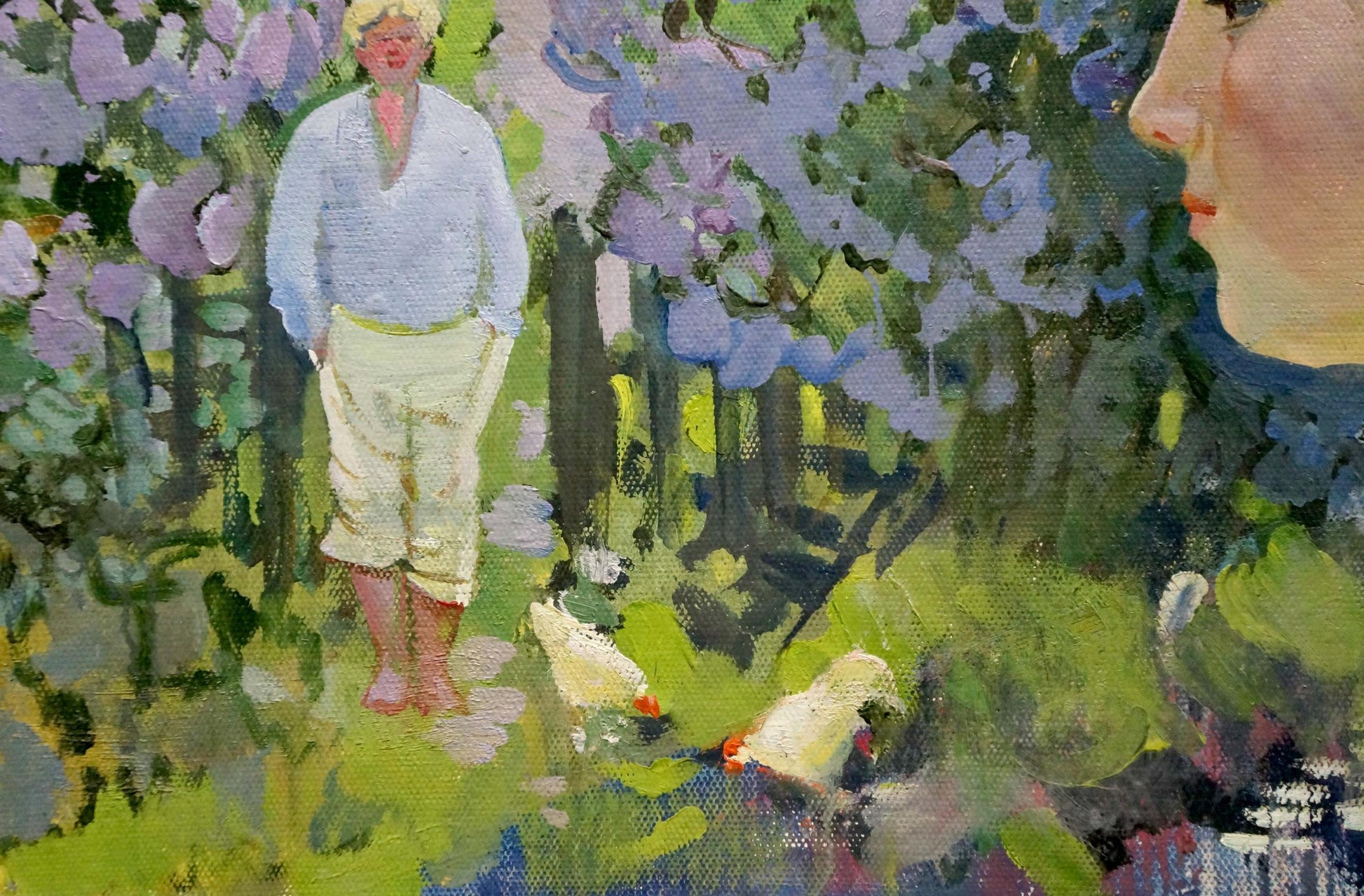 Oil painting When the Lilacs Bloom by Kolesnik Boris Afanasevich, woman in blue dress