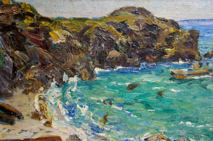 Vibrant impressionist oil painting by Miroshnichenko Pavel Petrovich: rocky coast with turquoise waves