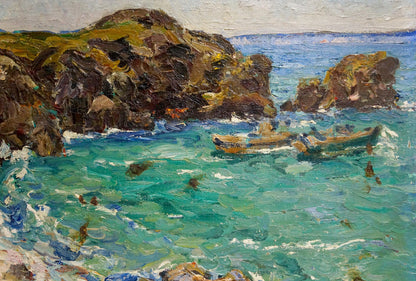Oil painting by Miroshnichenko Pavel Petrovich: turquoise ocean waves on rocks with boat