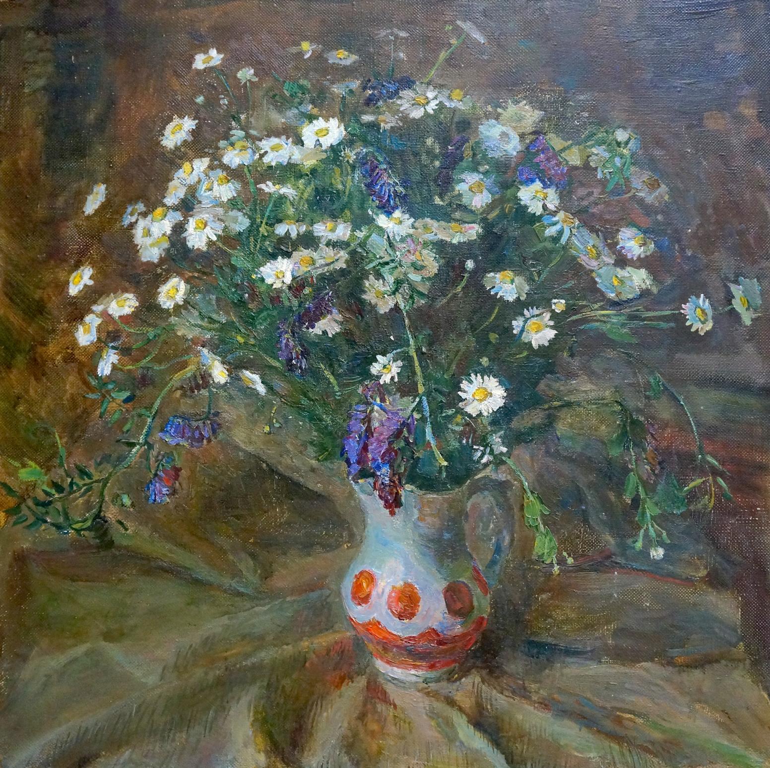 Oil painting by Chekin Konstantin Evgenievich: ceramic pitcher with daisies