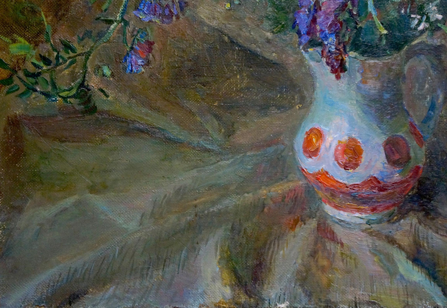 Oil painting Still life by Chekin Konstantin Evgenievich: white vase with orange red patterns and purple flowers
