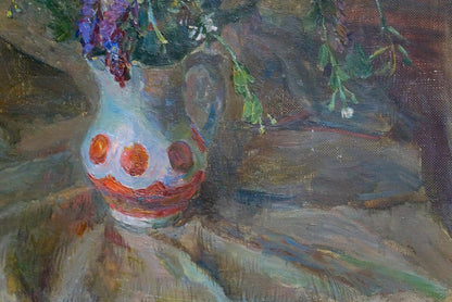 Oil painting by Chekin Konstantin Evgenievich: white pitcher with orange patterns and purple flowers