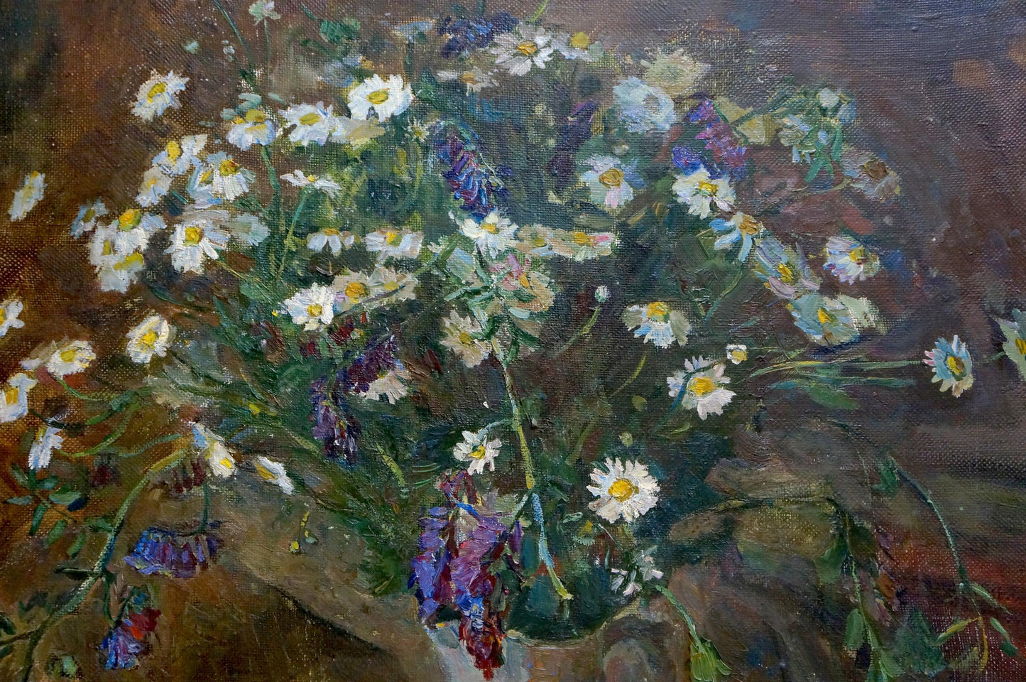 Vibrant oil painting by Chekin Konstantin Evgenievich of lush daisies bouquet
