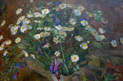 Vibrant oil painting by Chekin Konstantin Evgenievich of lush daisies bouquet