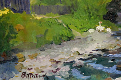 Oil painting The river flows by Patik Volodymyr Yosypovych: white duck on rocky streambed