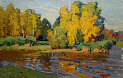 Oil painting by Fomin Anatoly Nikiforovich: autumn trees by reflective river
