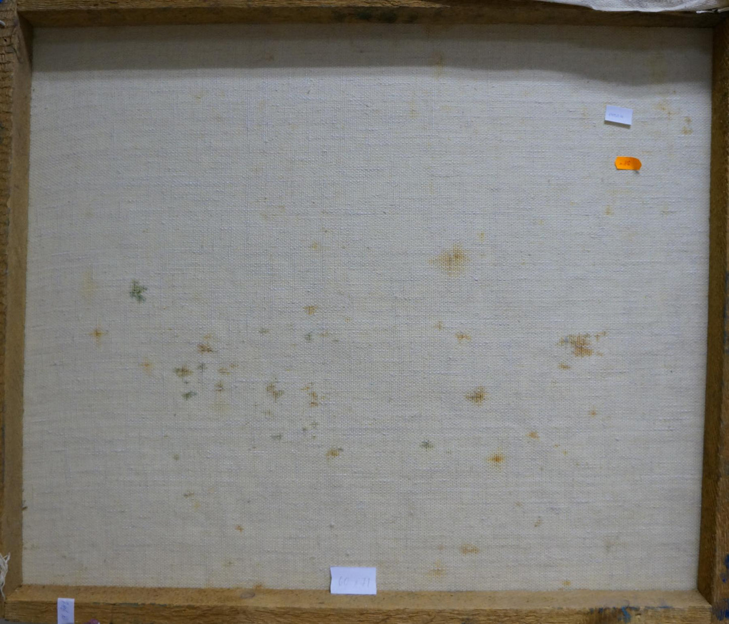 Back of Abstract oil painting The waves by Dupliy Sergey Alexandrovich, beige textured canvas with stains