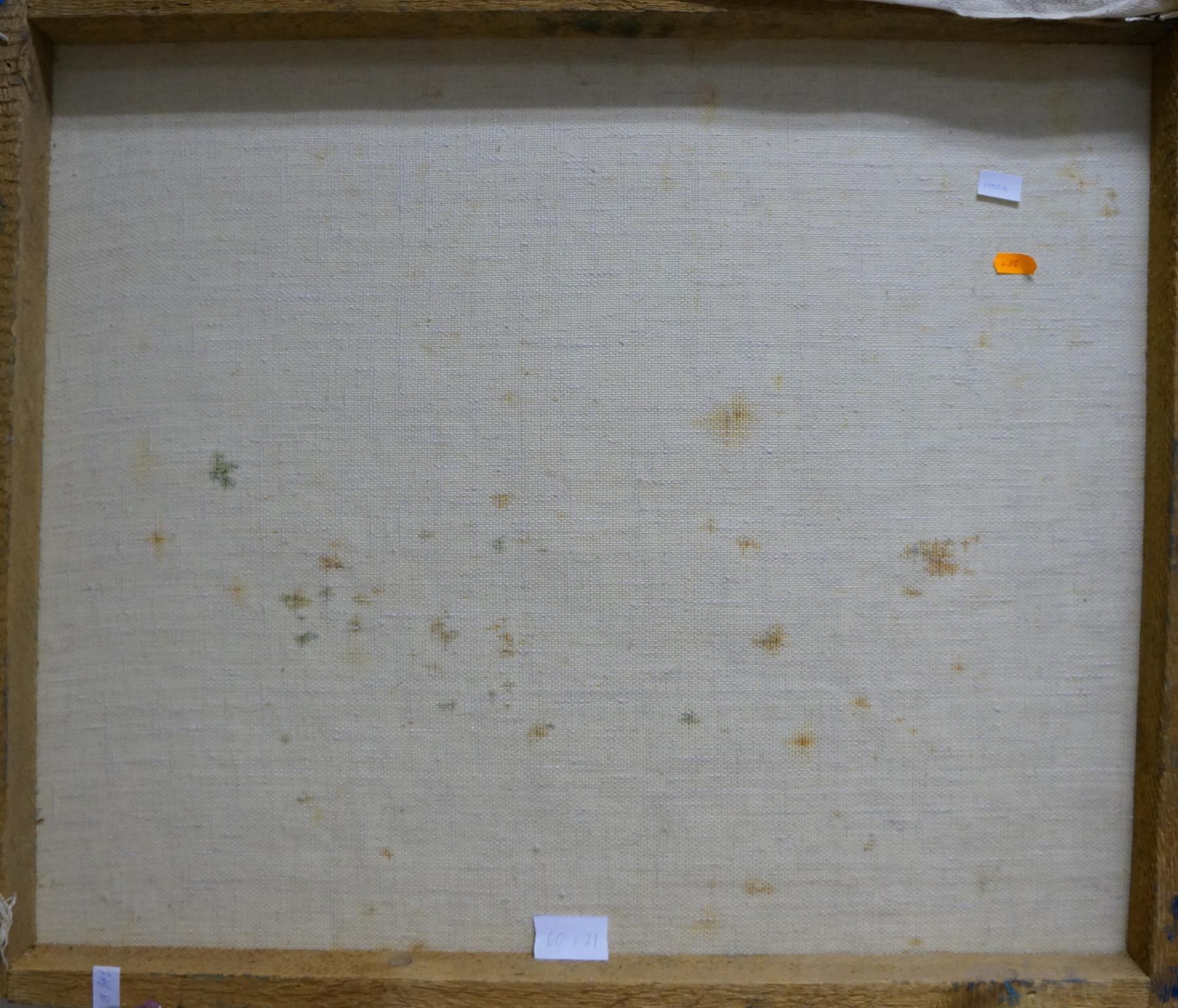 Back of Abstract oil painting The waves by Dupliy Sergey Alexandrovich, beige textured canvas with stains