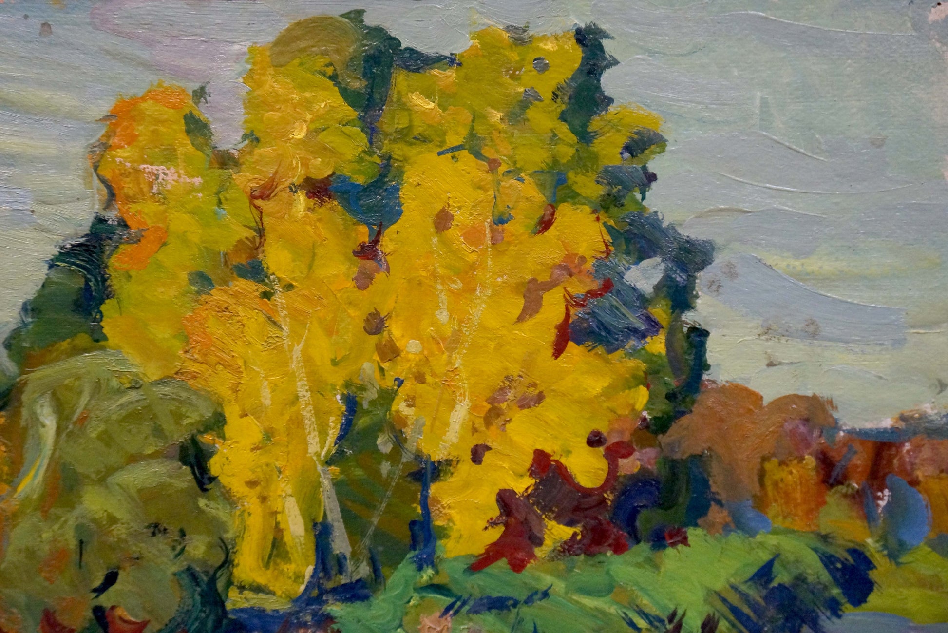 Vibrant yellow green autumn landscape oil painting by Fomin Anatoly Nikiforovich