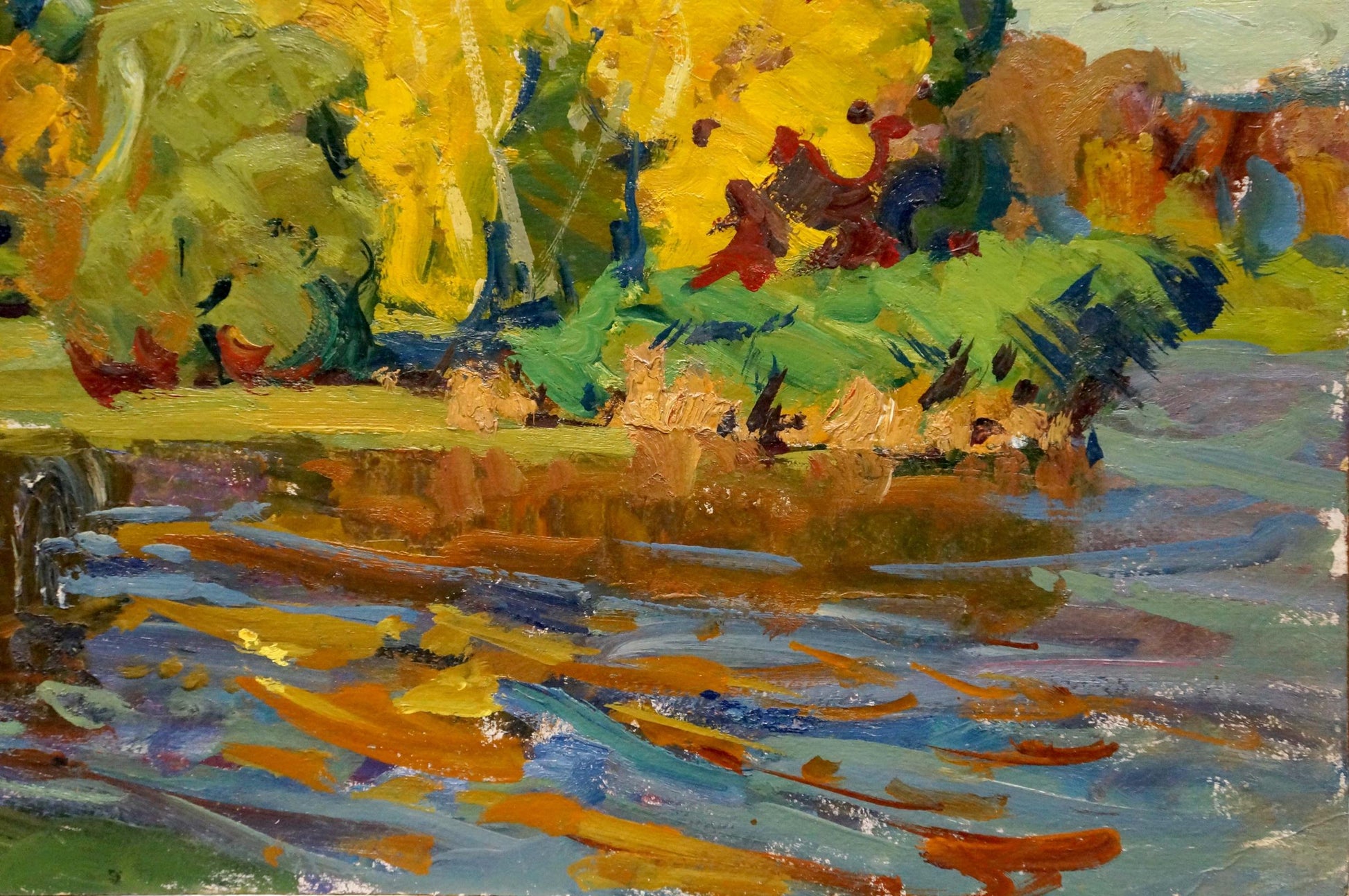 Vibrant impressionist oil painting of autumn riverbank by Fomin Anatoly Nikiforovich