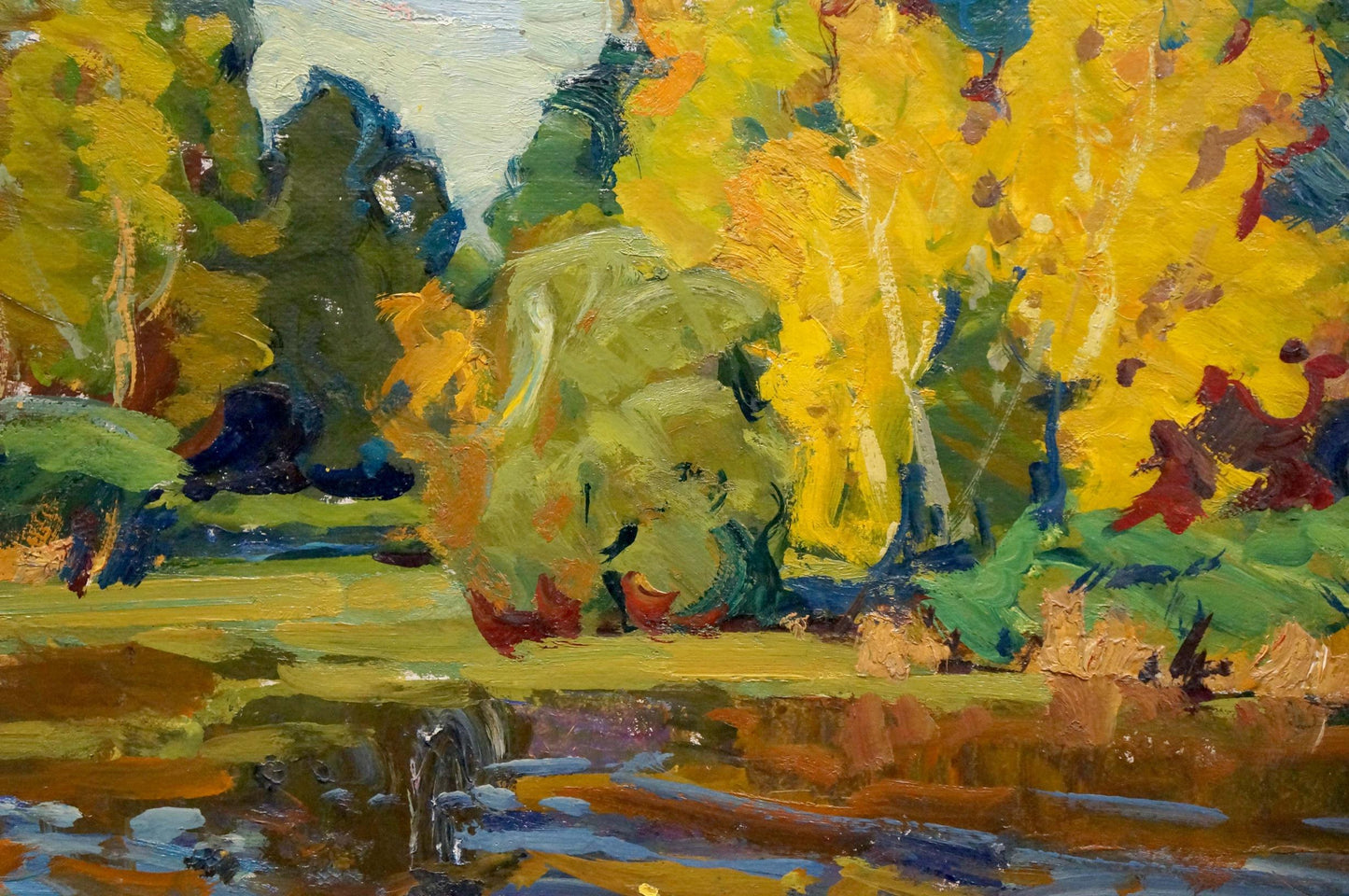 Vibrant impressionist oil painting of autumn trees in river by Fomin Anatoly Nikiforovich