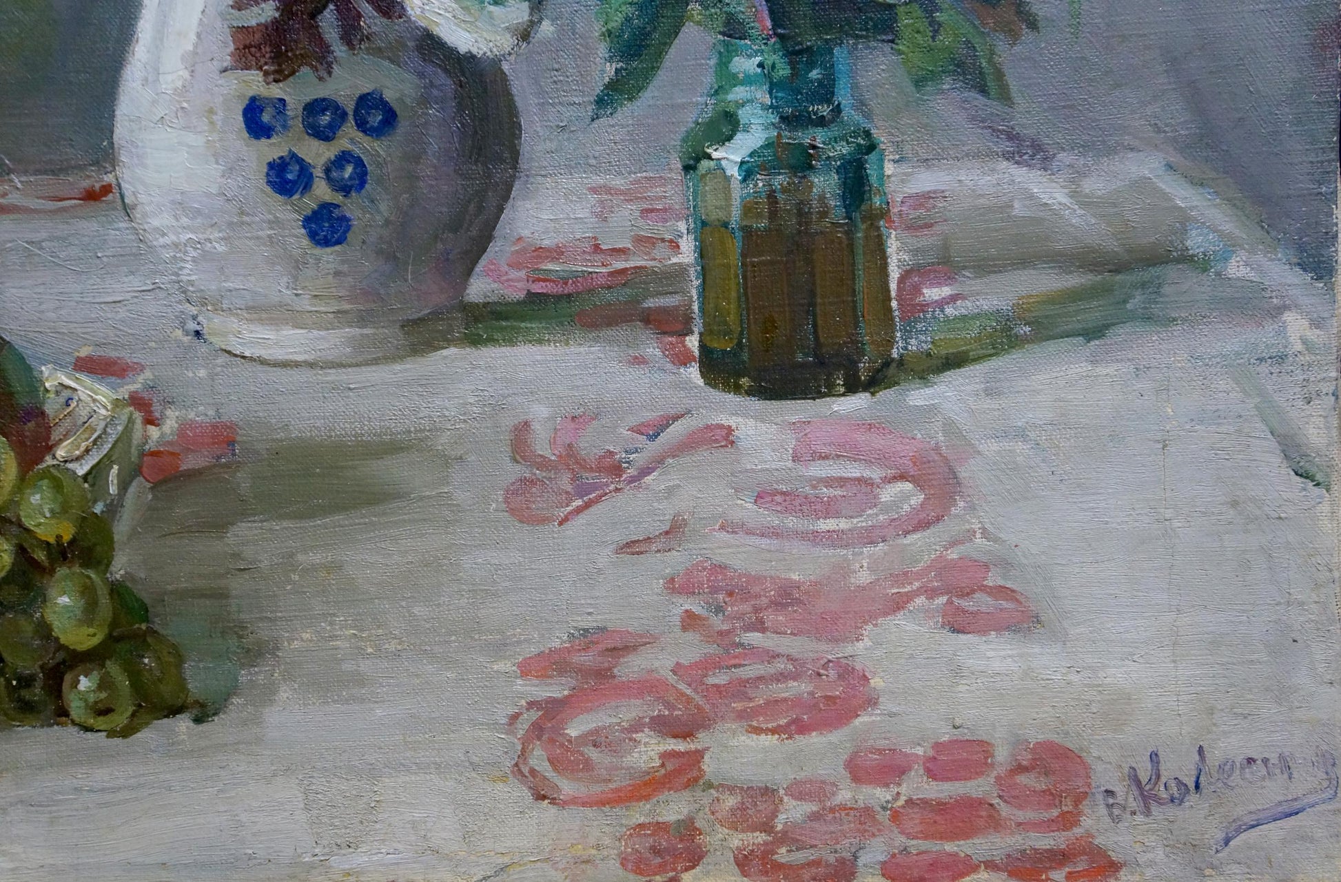 Oil painting Daisies Kolesnik Vladimir Artemievich in teal glass bottle with green foliage