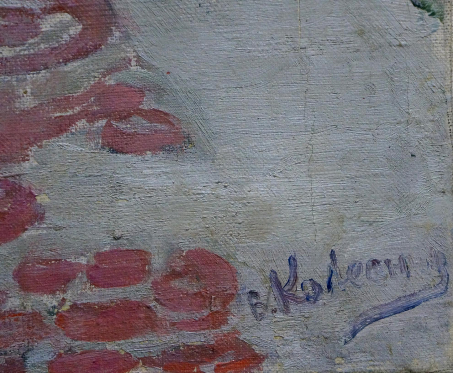Oil painting Daisies by Kolesnik Vladimir Artemievich, textured red brushstrokes on gray