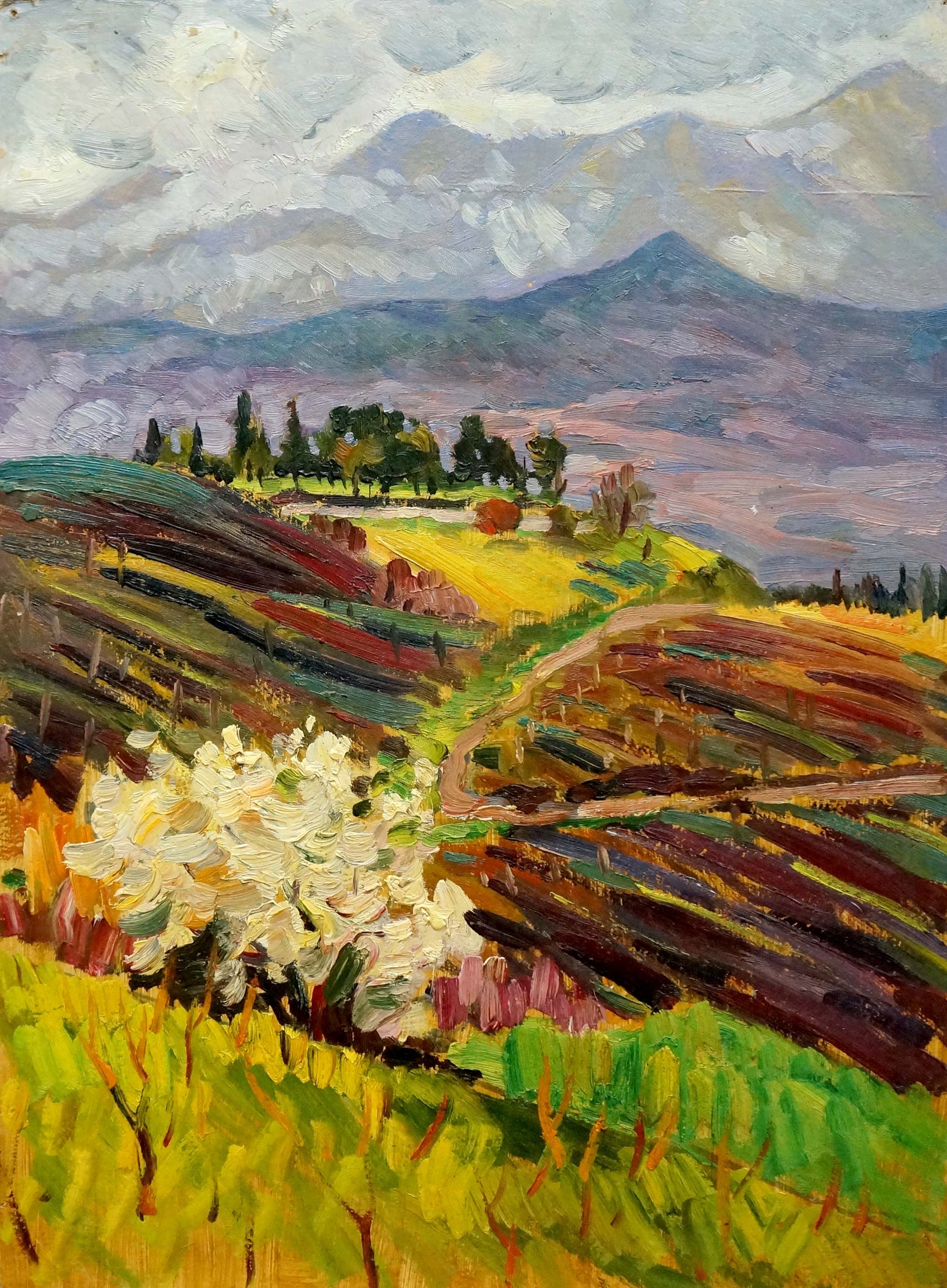 Vibrant impressionist oil painting by Kolomoitsev Petr Mikhailovich: rolling hills, path, mountains