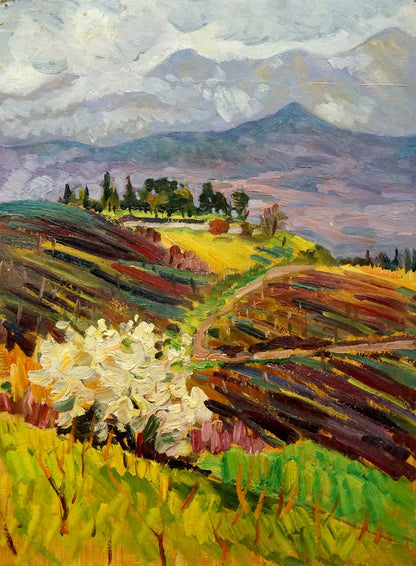 Vibrant impressionist oil painting by Kolomoitsev Petr Mikhailovich: rolling hills, path, mountains
