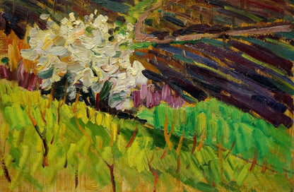Vibrant impressionist oil painting by Kolomoitsev Petr Mikhailovich: white blossoms in green fields