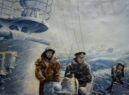 Snow-covered warship in convoy by Polycarp Avilov oil painting