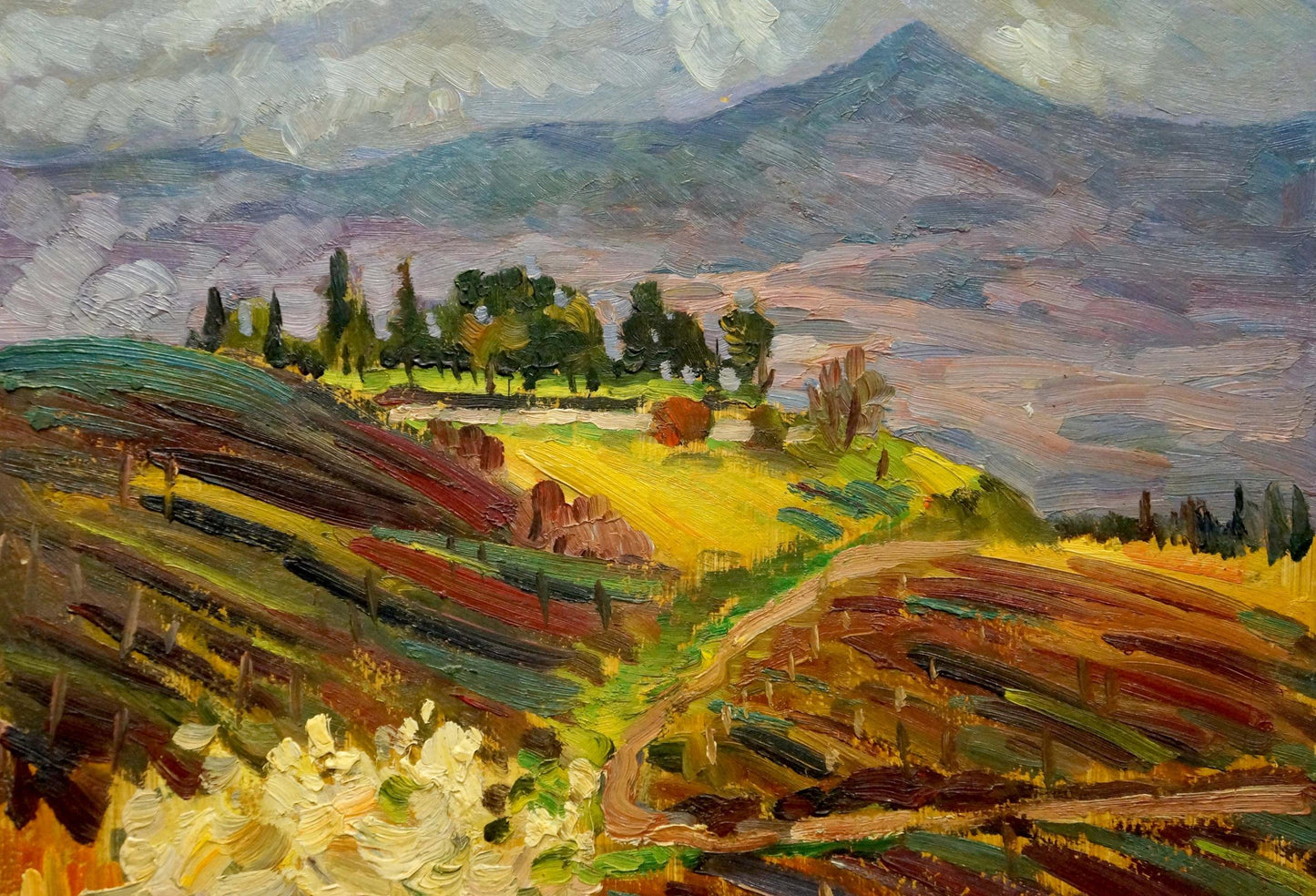 Vibrant oil painting by Kolomoitsev Petr Mikhailovich: impressionist field landscape