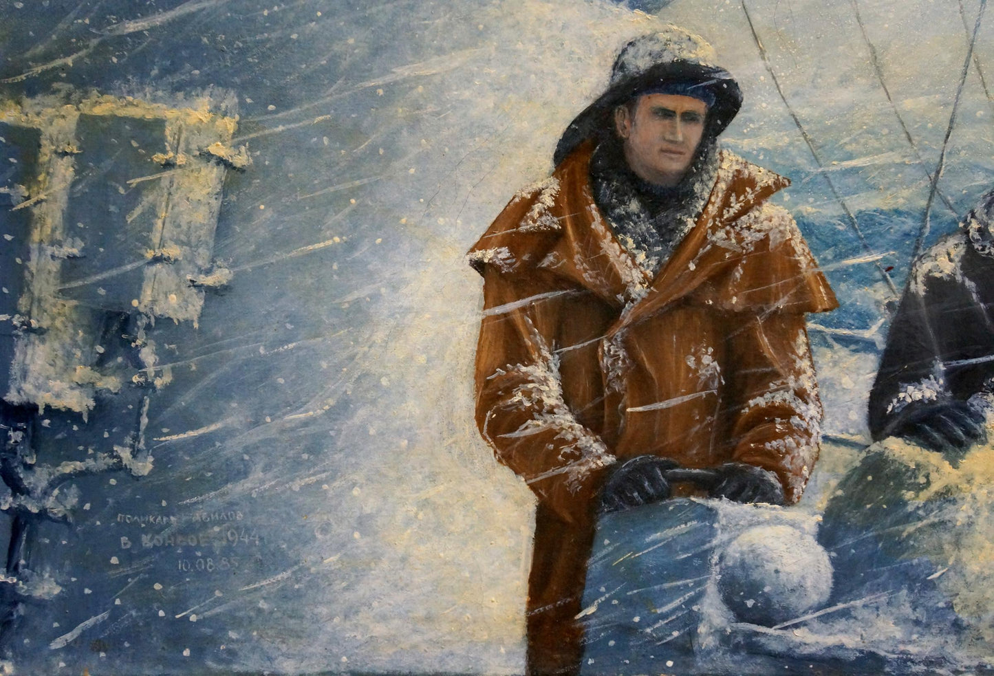 Oil painting by Polycarp Avilov: man in snow-dusted coat against stormy winter backdrop