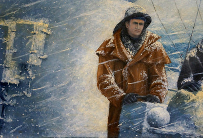 Oil painting by Polycarp Avilov: man in snow-dusted coat against stormy winter backdrop