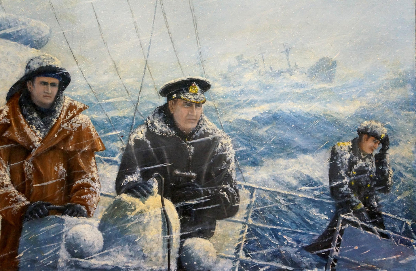 Oil painting In convoy by Polycarp Avilov: sailors in stormy snow seas