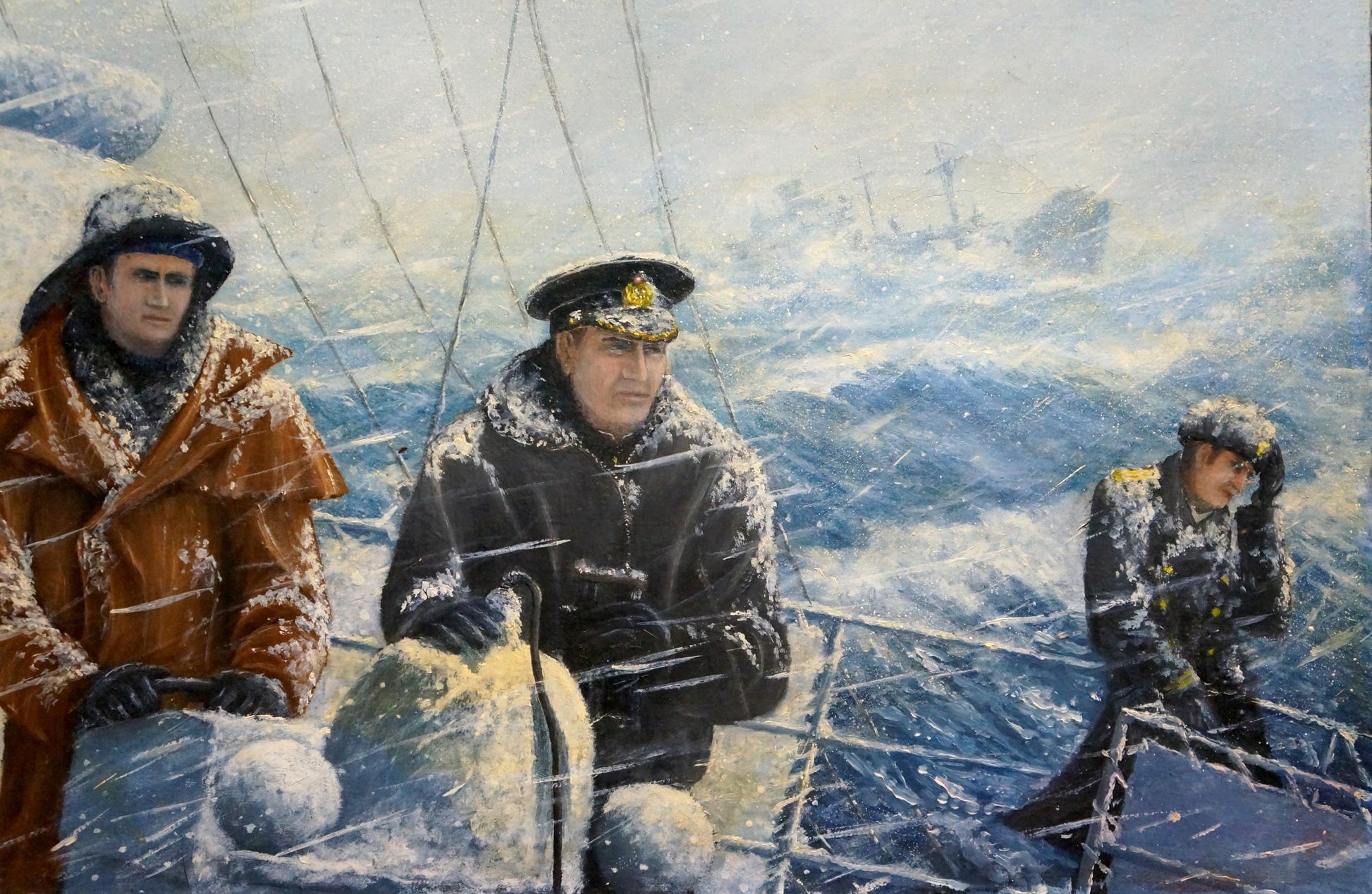 Oil painting In convoy by Polycarp Avilov: sailors in stormy snow seas